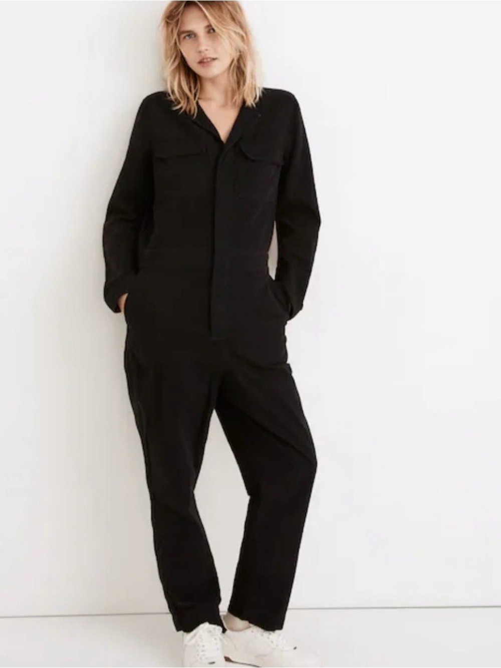 Madewell Black Long Sleeve Button Front Jumpsuit Coveralls Size Small fitsM